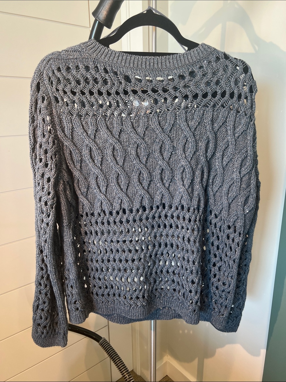 Lafayette 148 New York Blue Open-Weave Cable Crewneck Sweater